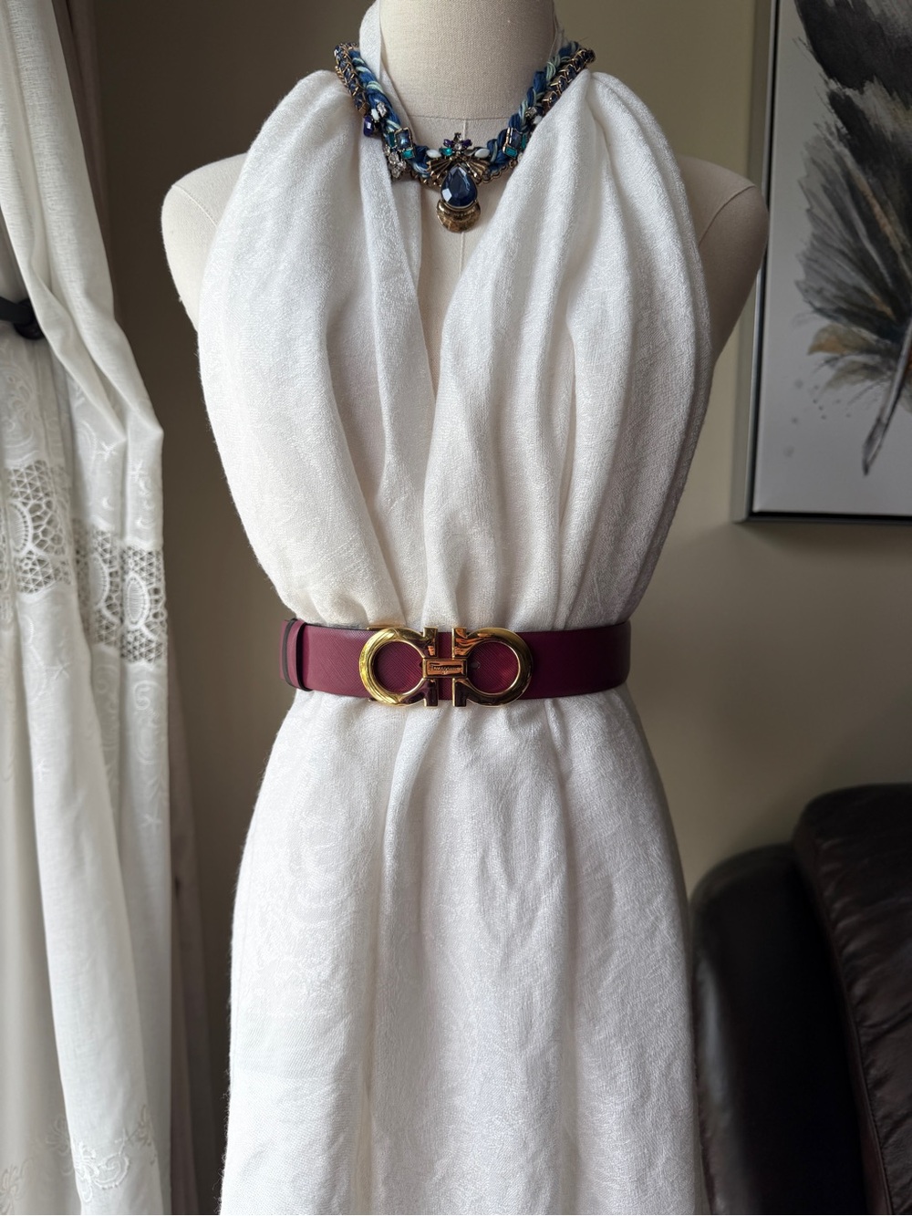 Ferragamo Burgundy/black double sided Leather Belt with Gold Buckle